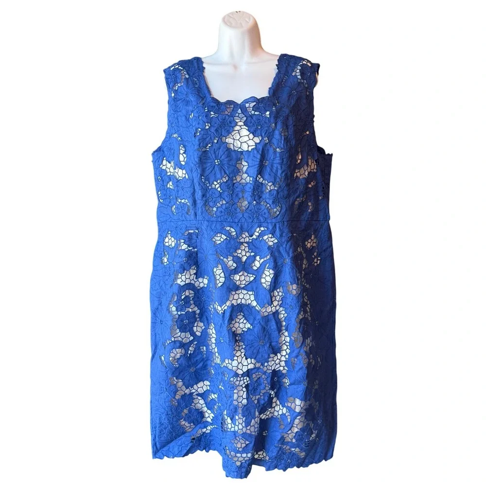 J. Peterman Blue Linen Lace Overlay Sheath Dress Women's Plus Size 20 Cocktail
